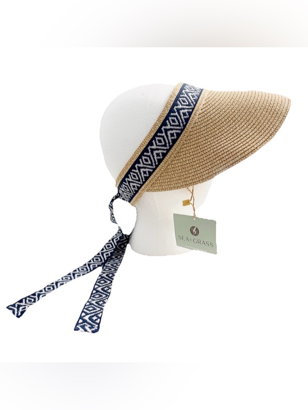 Sea & Grass Straw Visor NWT Wide Brim Adjustable Blue Tie Beach Hat